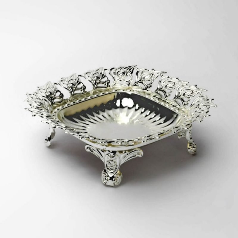 Peacock Leaf Border Round Silver Bowl