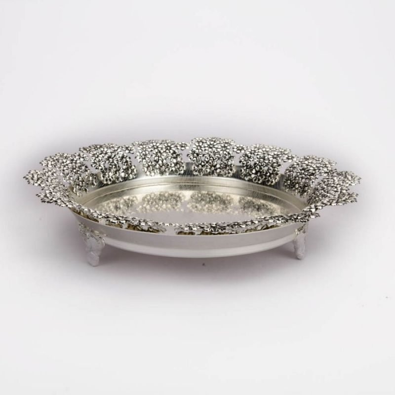 Flower Border Round Silver Tray
