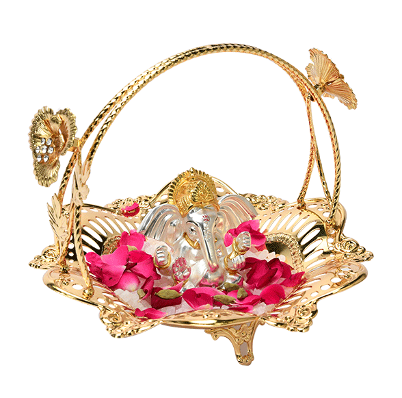 an awe-striking golden basket with flower & crystal embellishments with a pious figurine of lord ganesh