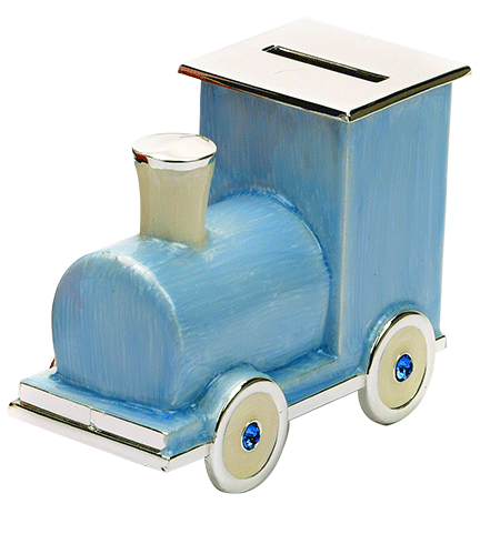 a picture of a piggy bank shaped like an engine with blue enameled exterior and blue stones attached on beige wheels