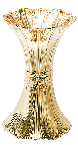 a golden hued flower vase with an elegant bow in the centre