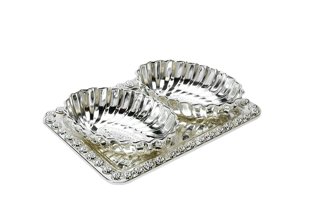 Oval Fluted Bowl Set With Tray Of Flower Rim Pattern