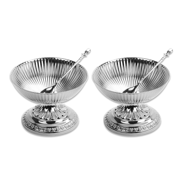 Fluted Ice-Cream Bowls Set Of Two On Pedestal With Spoons