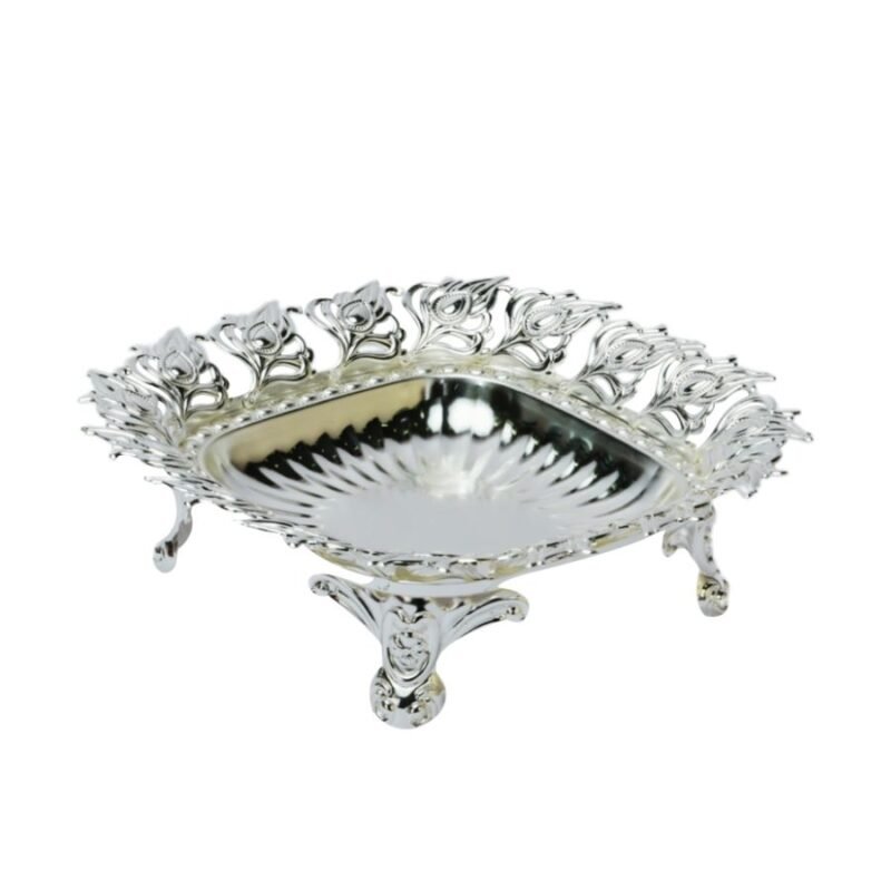 peacock leaf motif silver bowl with designer legs and fluted façade