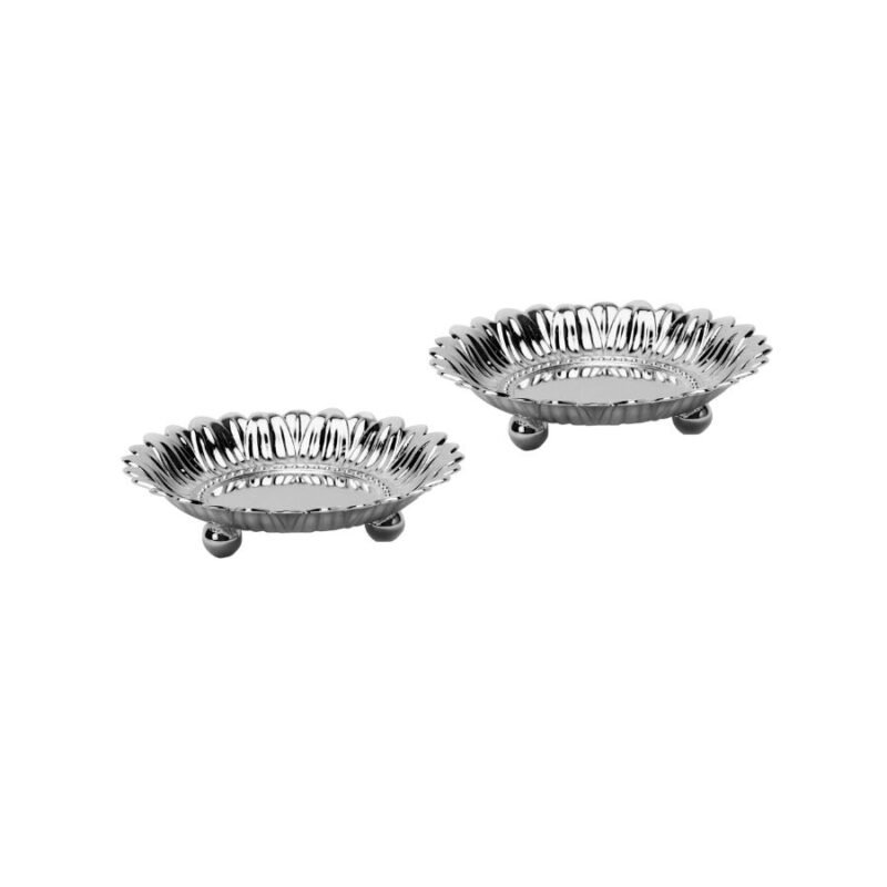 a set of two silver bowls with sunflower like design and durable legs that look surreal