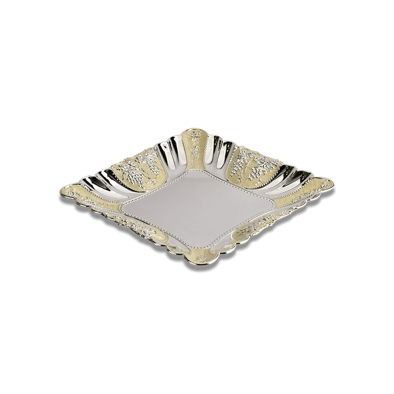 Square silver tray with enameled design