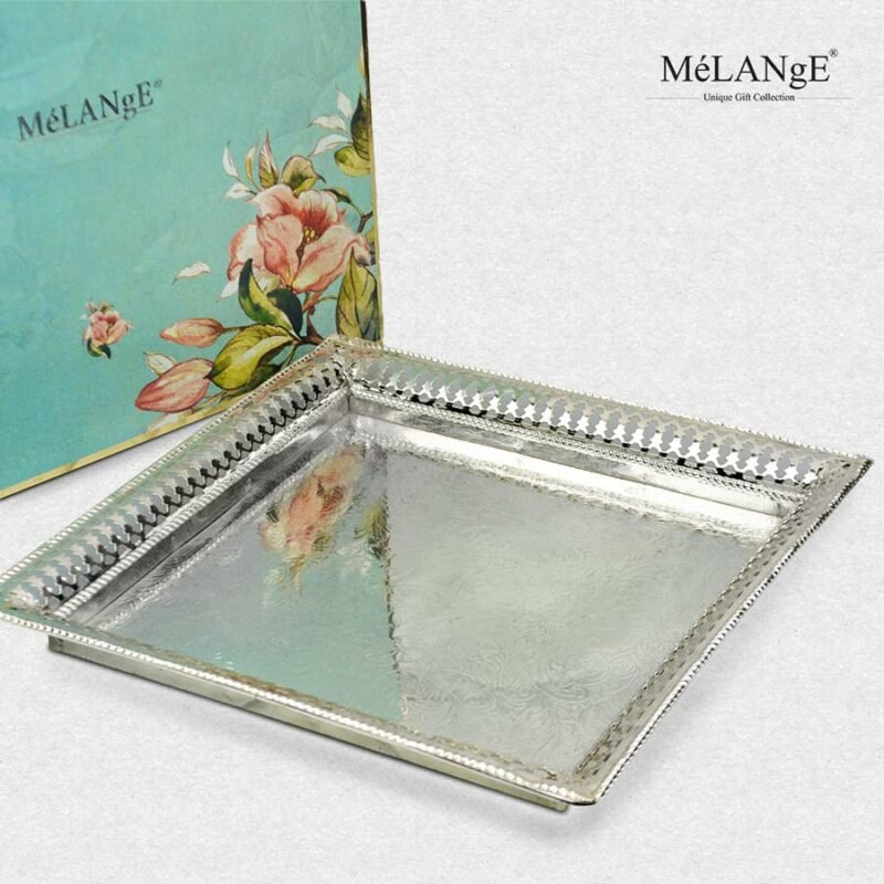 intricate border square silver plated tray with gift box