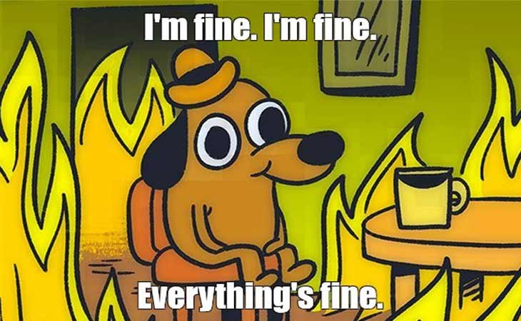 A picture that says "I'm Fine. Everything's Fine" with a fire going on in the background.