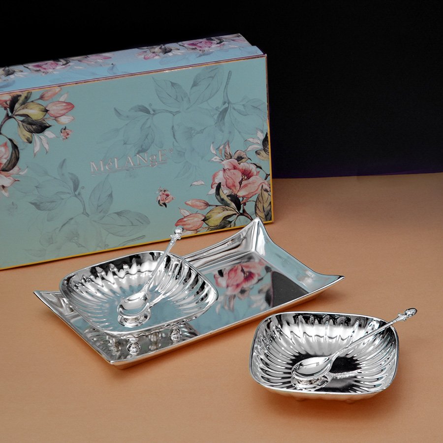 Fluted square silver bowl set of 2 with spoons and gift box in the back