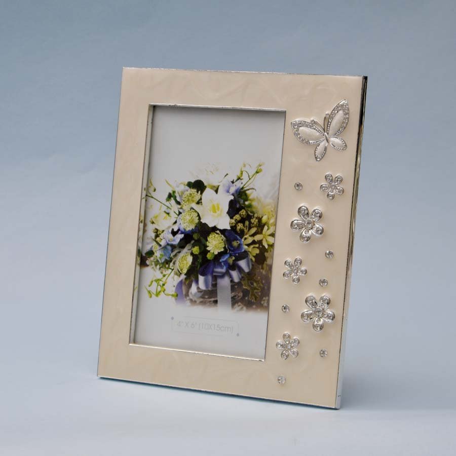 Enamelled butterfly photo frame in peach and silver tone